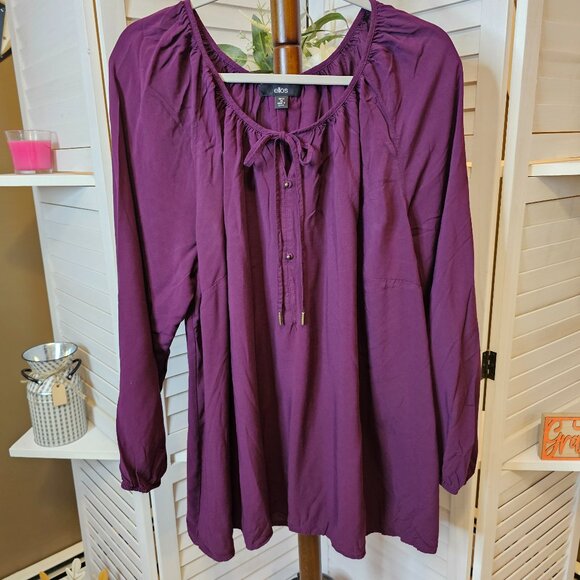 ellos Tie Neck Peasant Tunic, Plus Size 2X 26/28, Plum - Picture 1 of 9